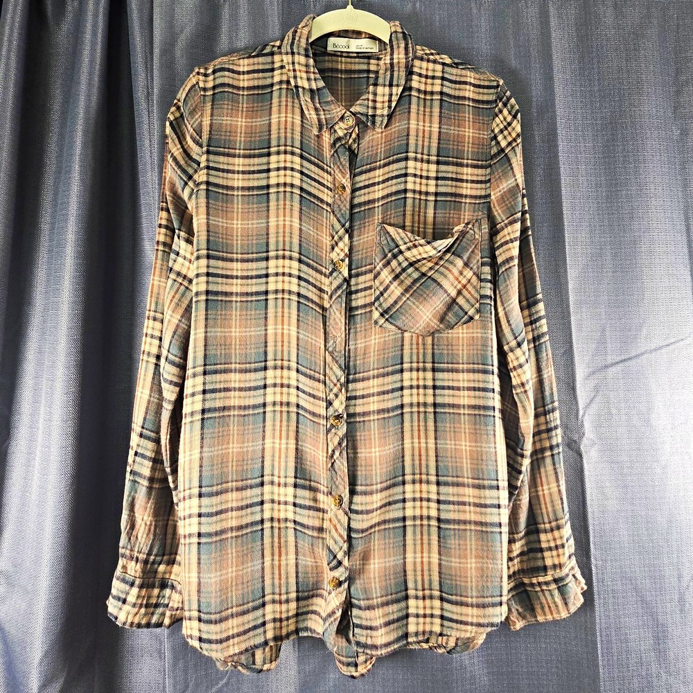 Becool Multicolor Plaid Button-Up Collared Shirt with Pockets Women's Long Slv M